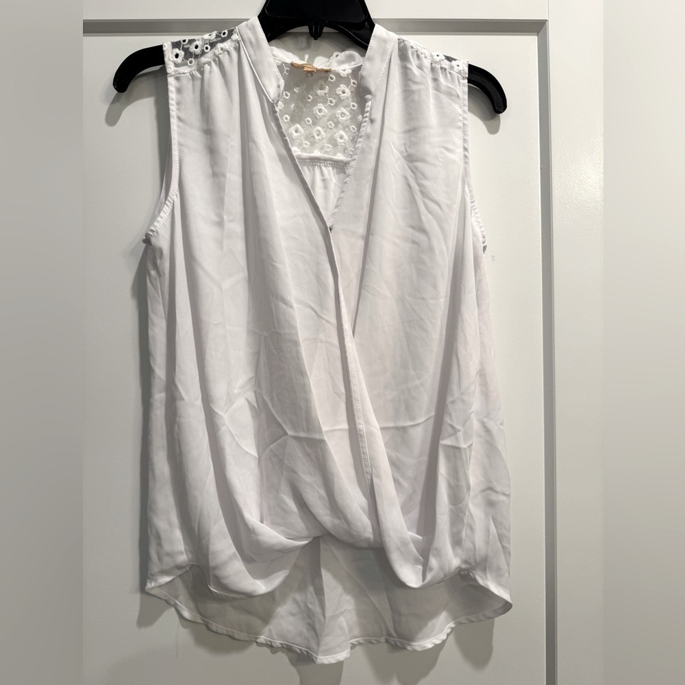 Takara White Sleeveless eyelet embroidered cross front blouse